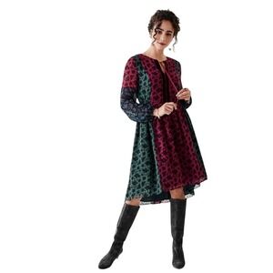 Matilda Jane Womens Floral Colorblock Midi Dress Magenta Teal Velvet Trim Medium